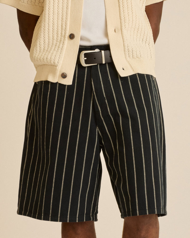 STRIPE BAGGY DENIM SHORT - BLACK MULTI