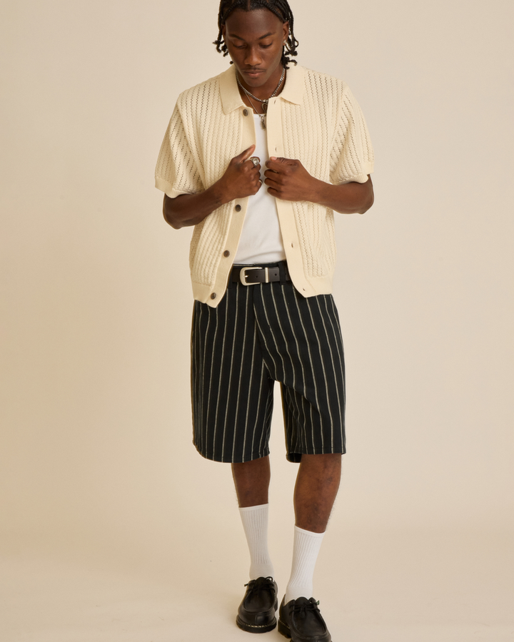 STRIPE BAGGY DENIM SHORT - BLACK MULTI