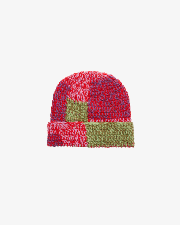 PATCHWORK RIB BEANIE RED MULTI