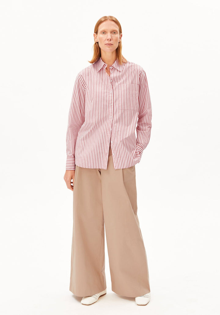 GESTREIFTE WEITE POPLIN BLUSE - oatmilk-mars red