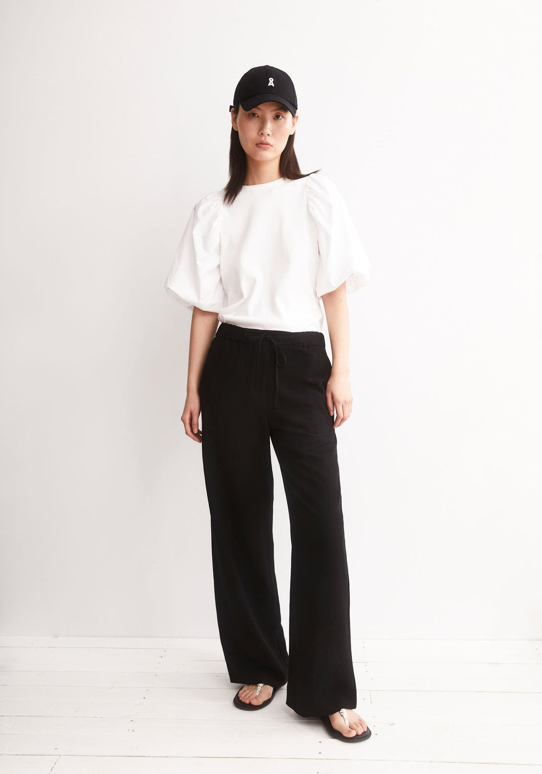 LINEN BLEND STRAIGHT LEG PANT - black